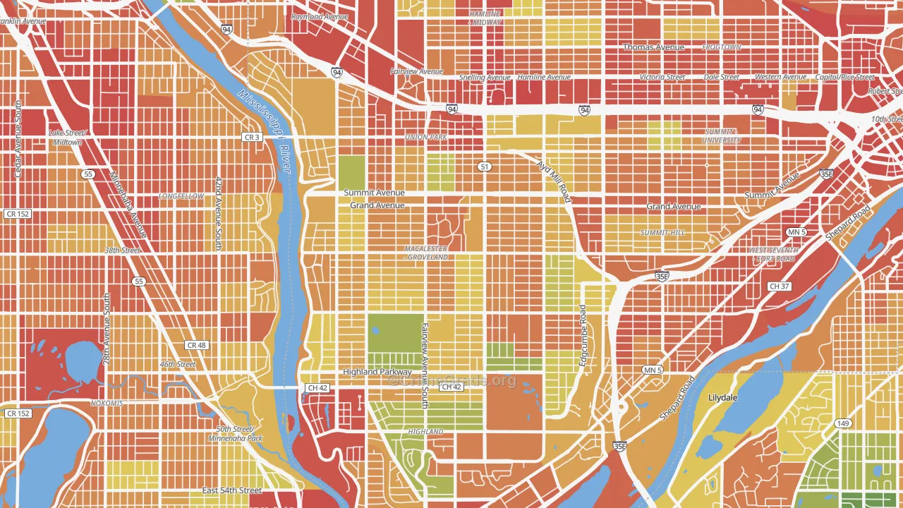 Macalester-Groveland, St. Paul, MN Map of Robbery Rates