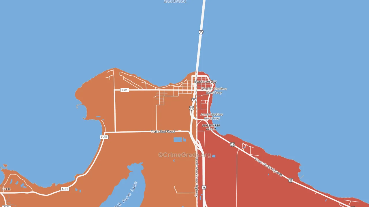 Mackinaw City, MI Map of Robbery Rates