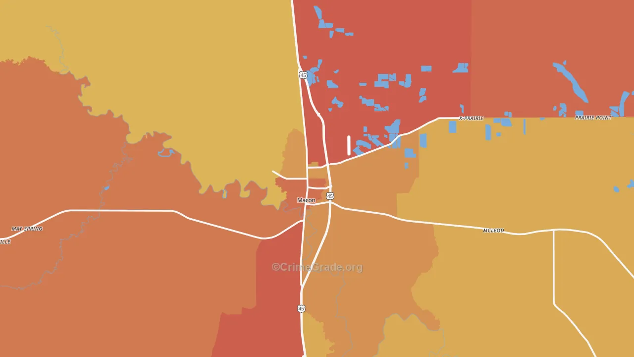 Macon, MS Map of Robbery Rates