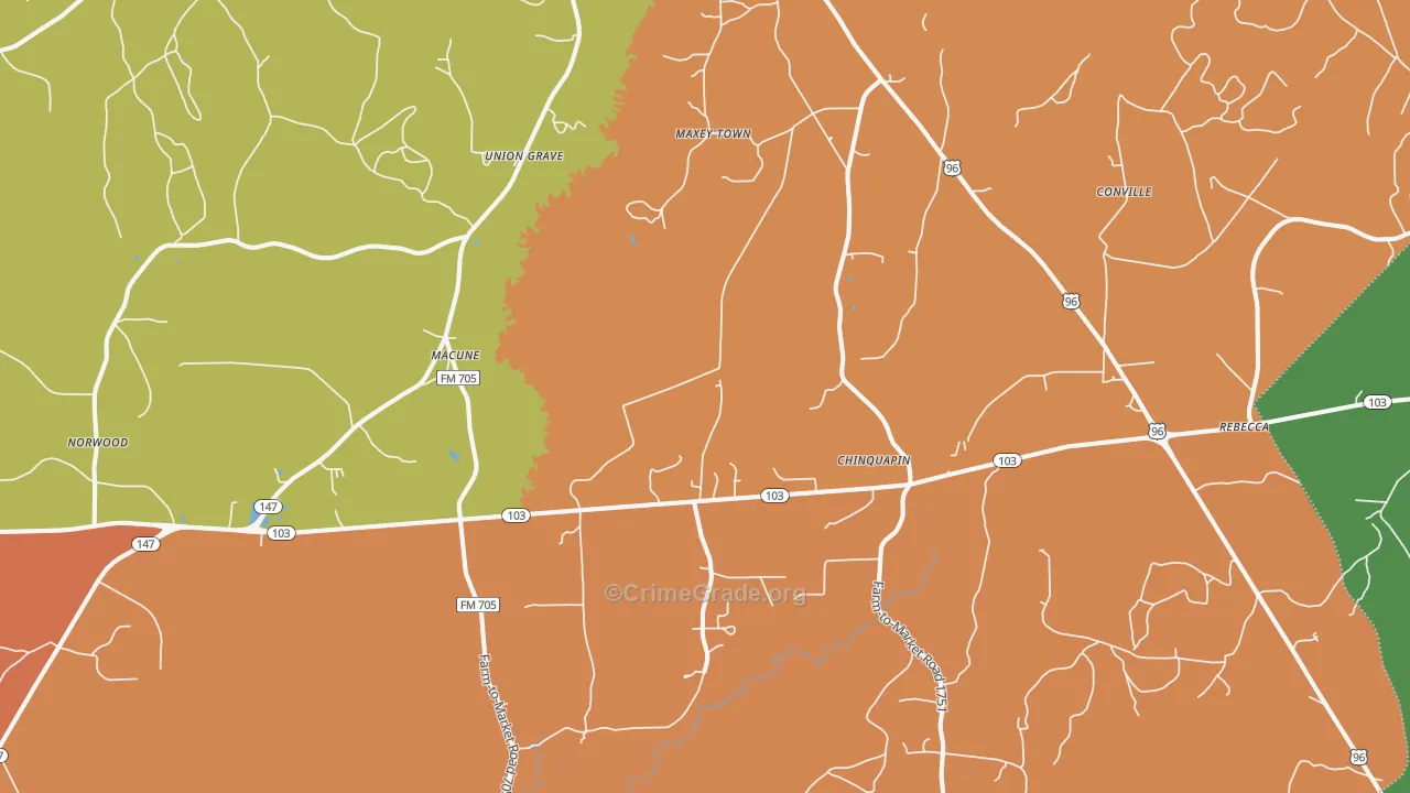 Macune, TX Map of Robbery Rates