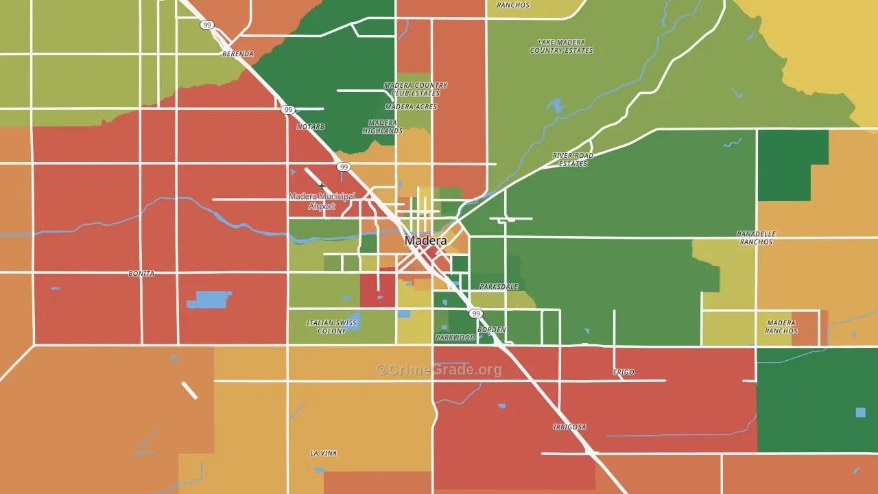 Madera, CA Map of Robbery Rates