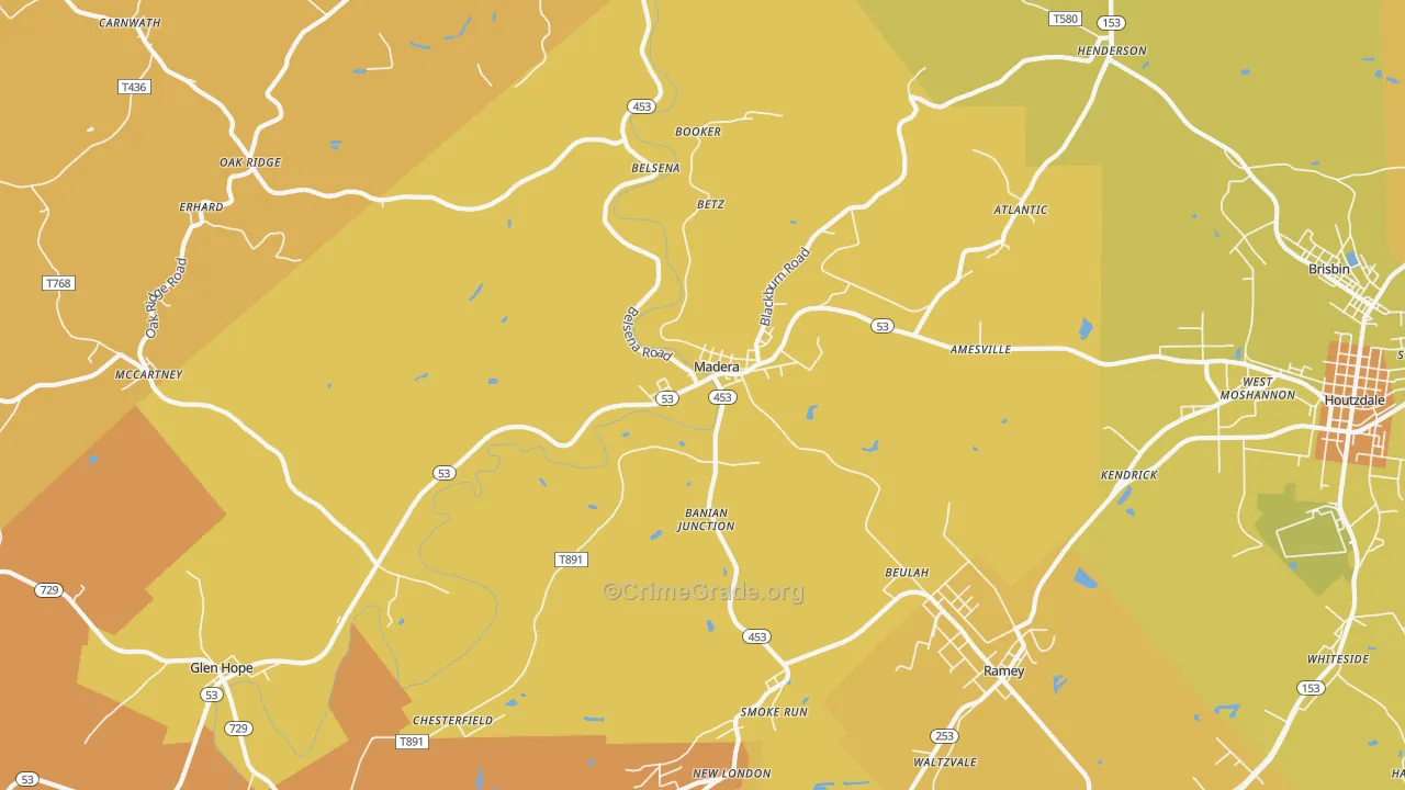 Madera, PA Map of Robbery Rates