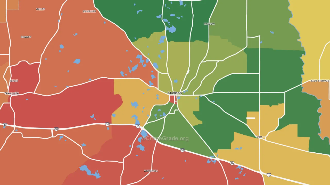 Madison County, FL Map of Robbery Rates