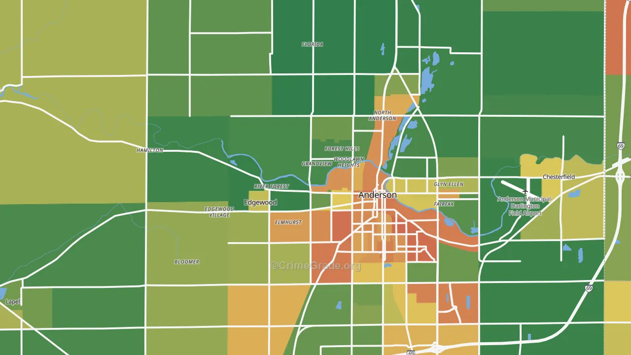 Madison County, IN Map of Robbery Rates