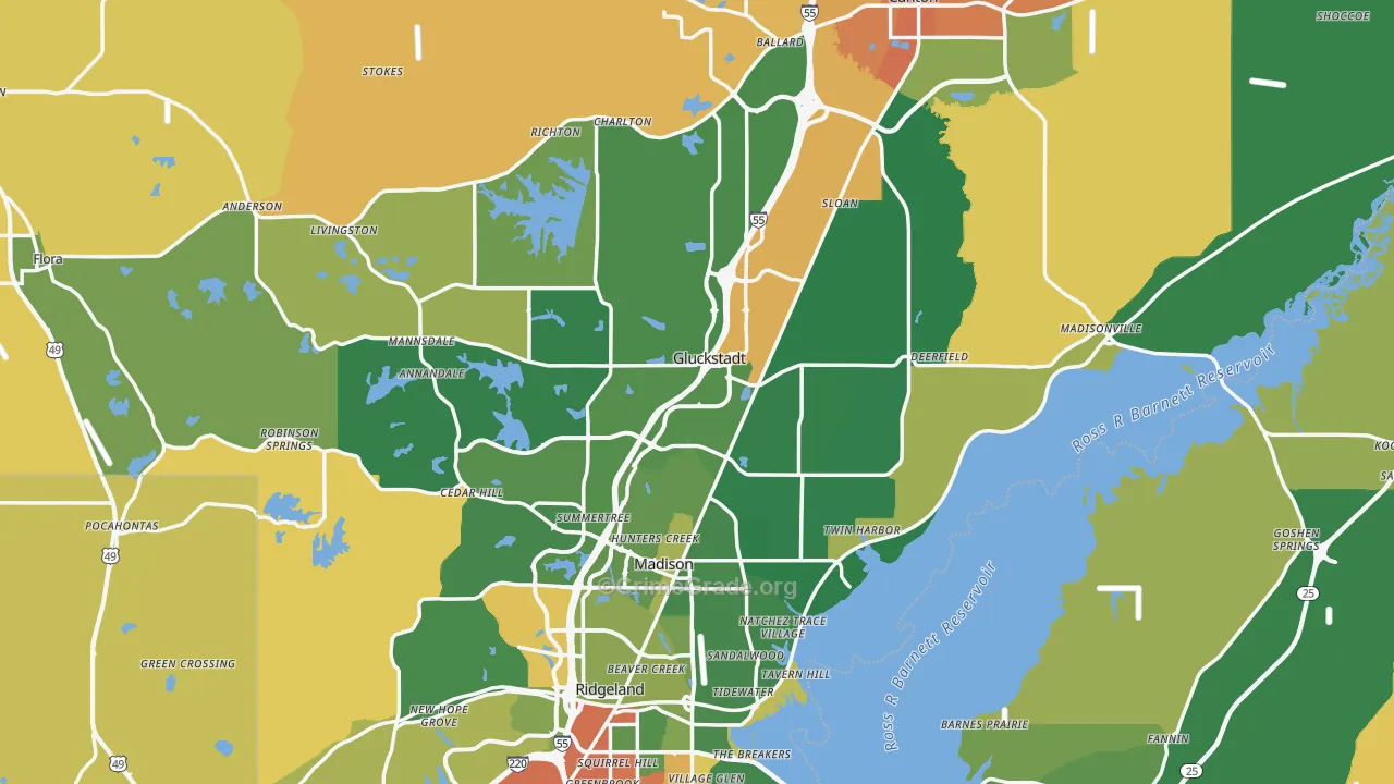 Madison County, MS Map of Robbery Rates