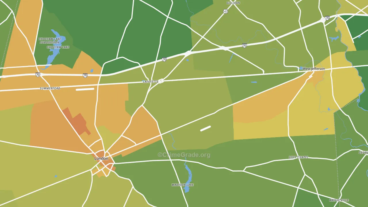 Madison County, OH Map of Robbery Rates