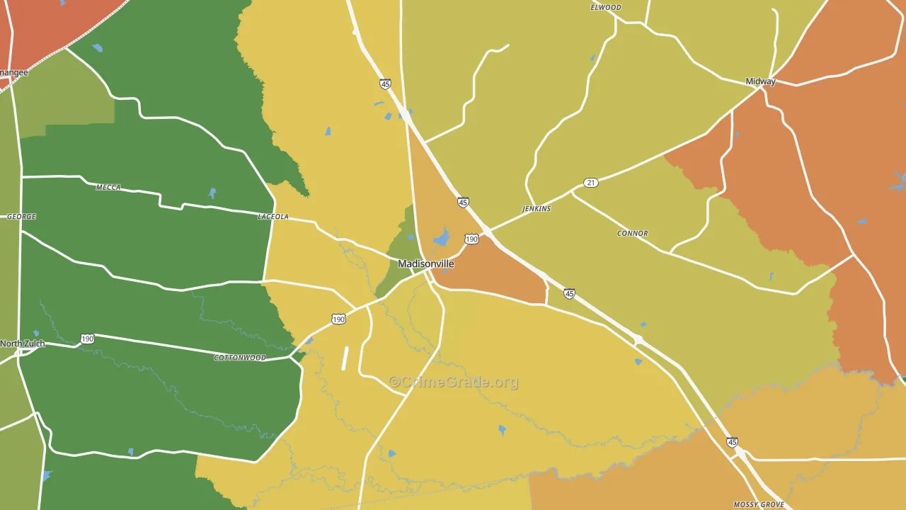Madison County, TX Map of Robbery Rates