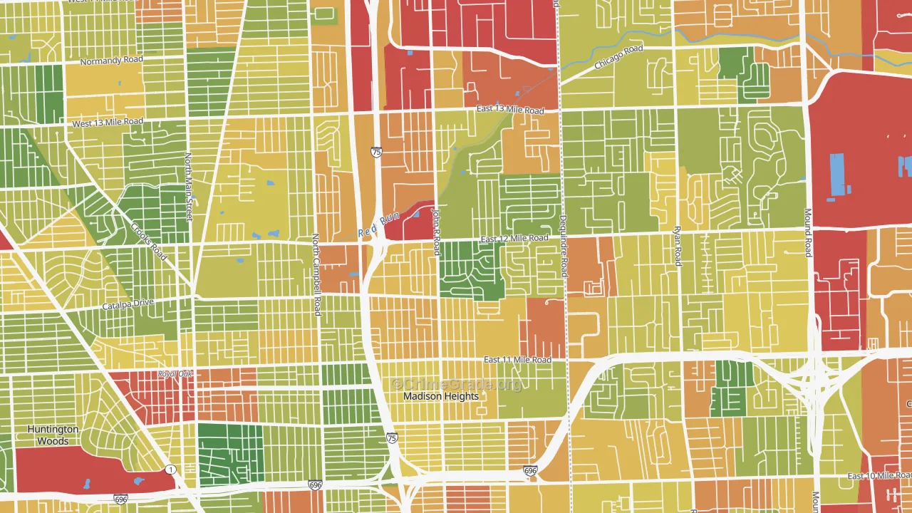 Madison Heights, MI Map of Robbery Rates