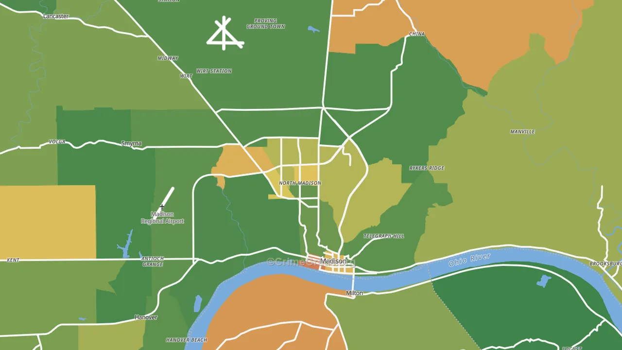 Madison, IN Map of Robbery Rates