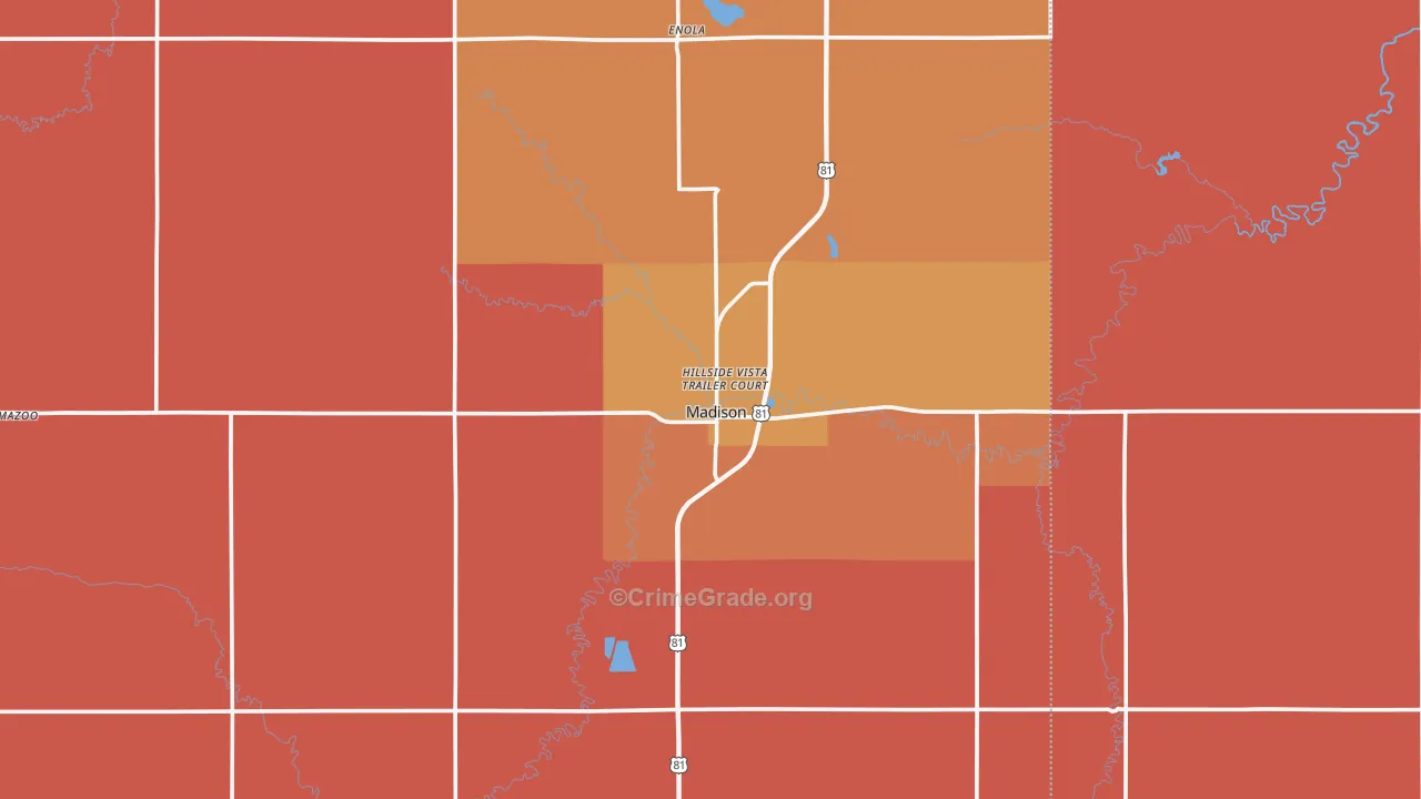 Madison, NE Map of Robbery Rates