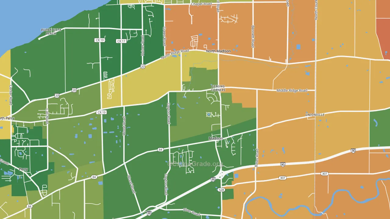 Madison, OH Map of Robbery Rates