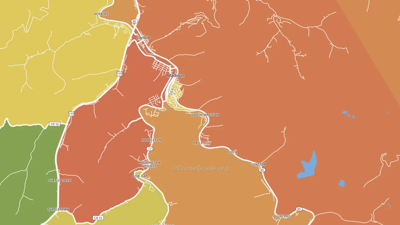 Madison, WV Map of Robbery Rates