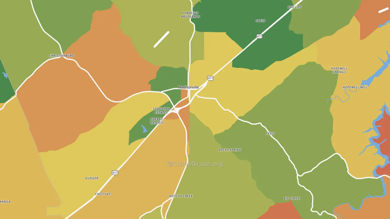 Madisonville, TN Map of Robbery Rates