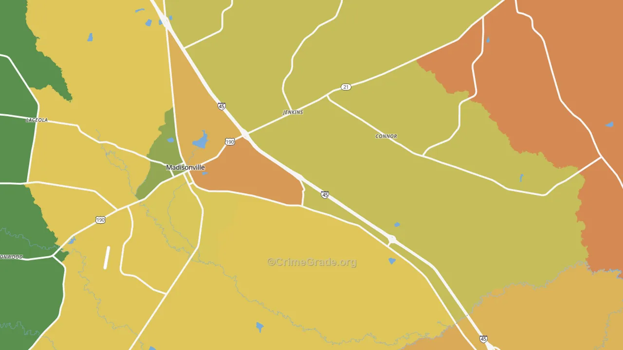 Madisonville, TX Map of Robbery Rates