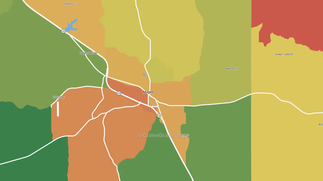 Magee, MS Map of Robbery Rates