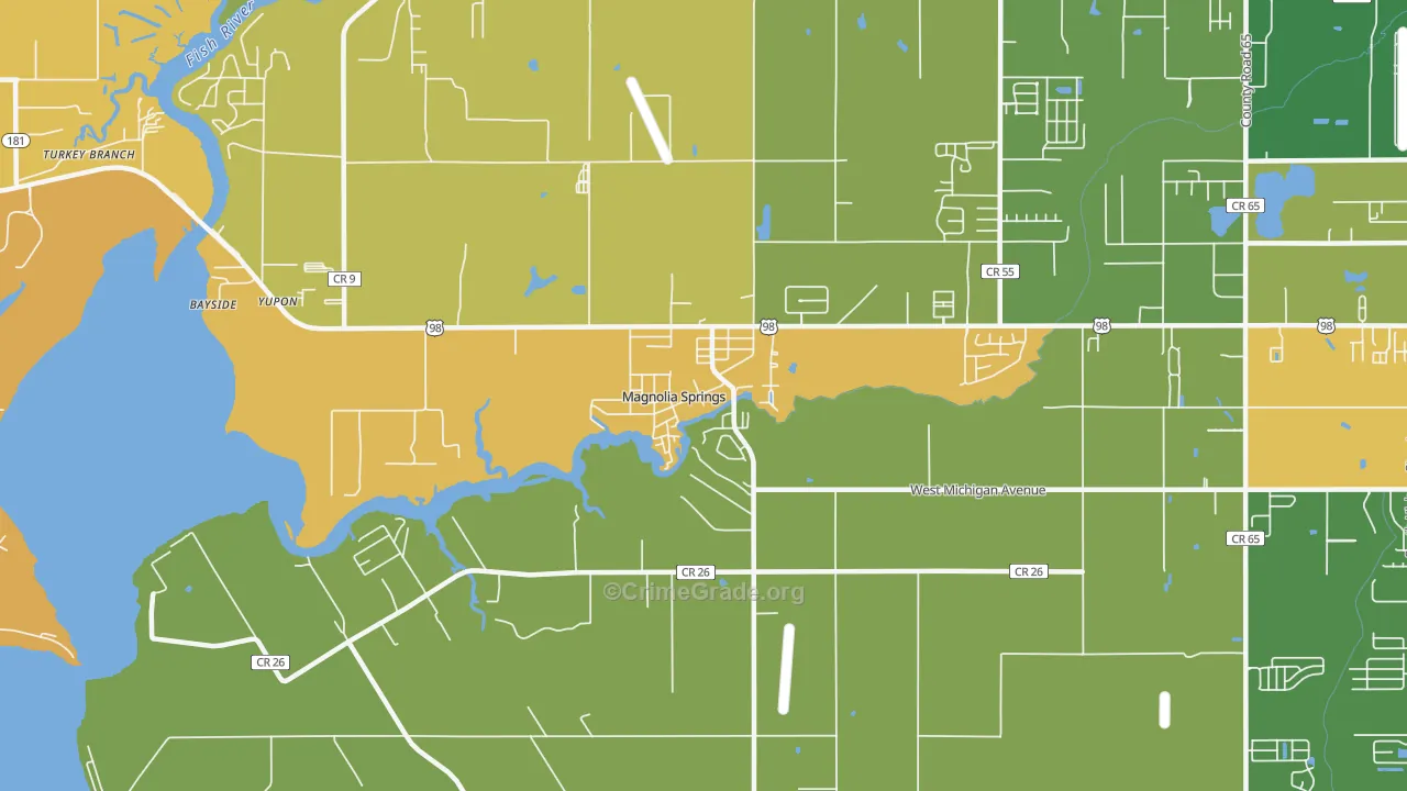 Magnolia Springs, AL Map of Robbery Rates