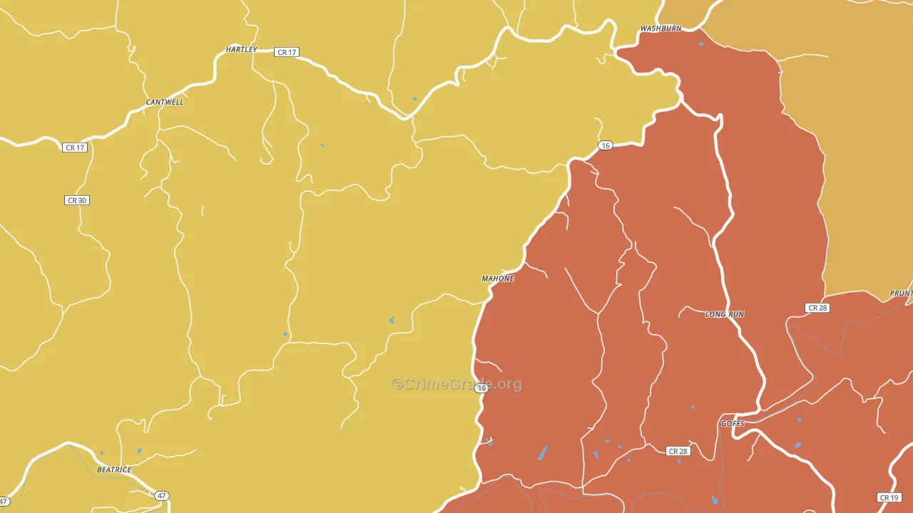 Mahone, WV Map of Robbery Rates