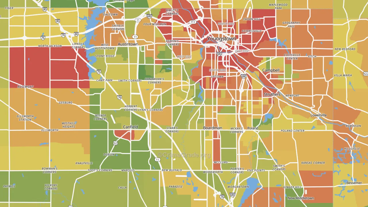 Mahoning County, OH Map of Robbery Rates