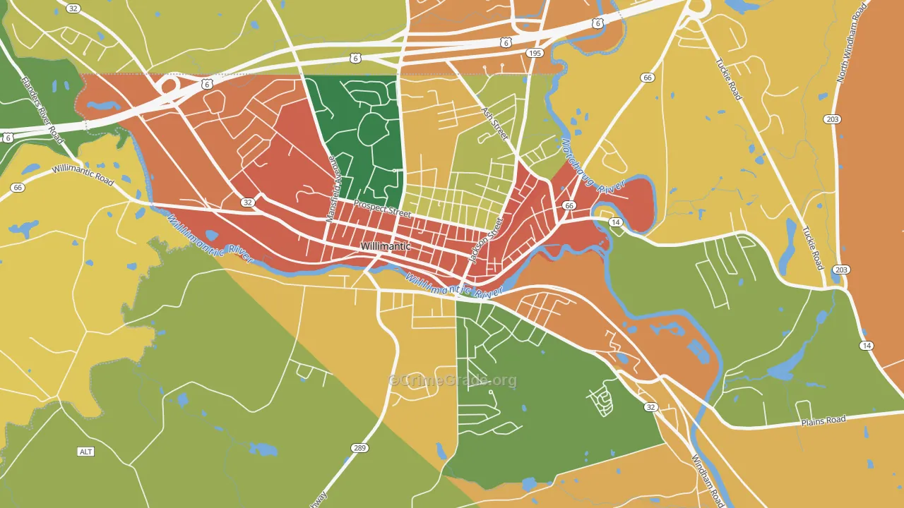 Main Street, Willimantic, CT Map of Robbery Rates