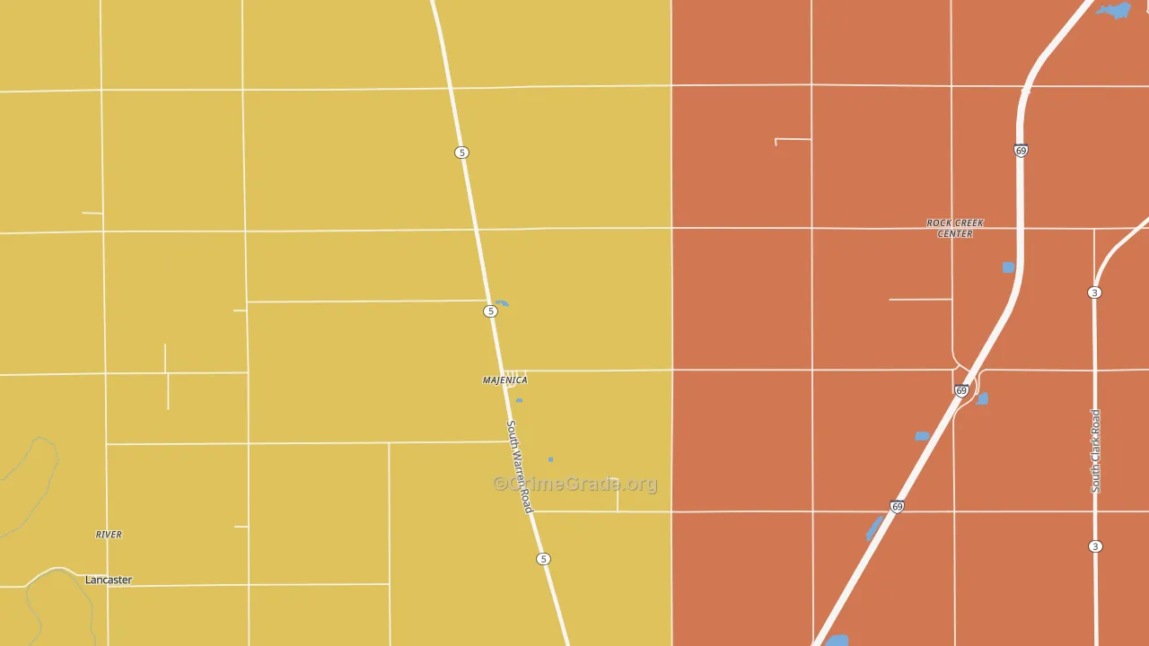 Majenica, IN Map of Robbery Rates