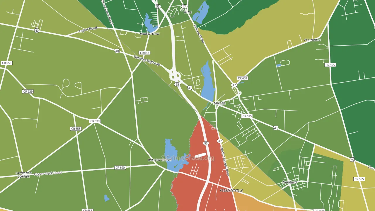 Malaga, NJ Map of Robbery Rates
