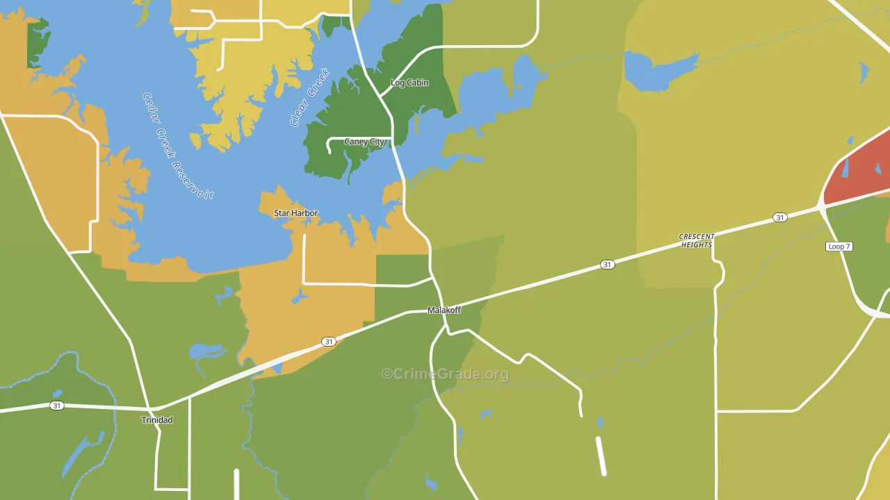 Malakoff, TX Map of Robbery Rates
