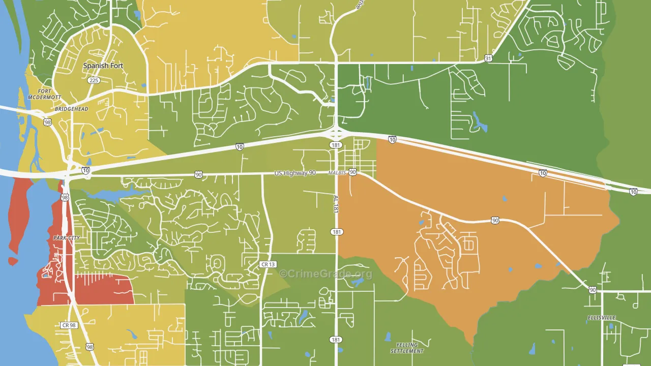 Malbis, AL Map of Robbery Rates