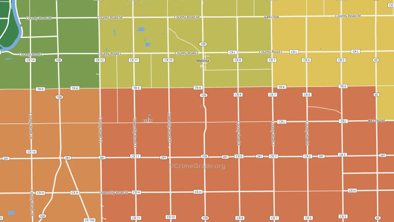 Malinta, OH Map of Robbery Rates