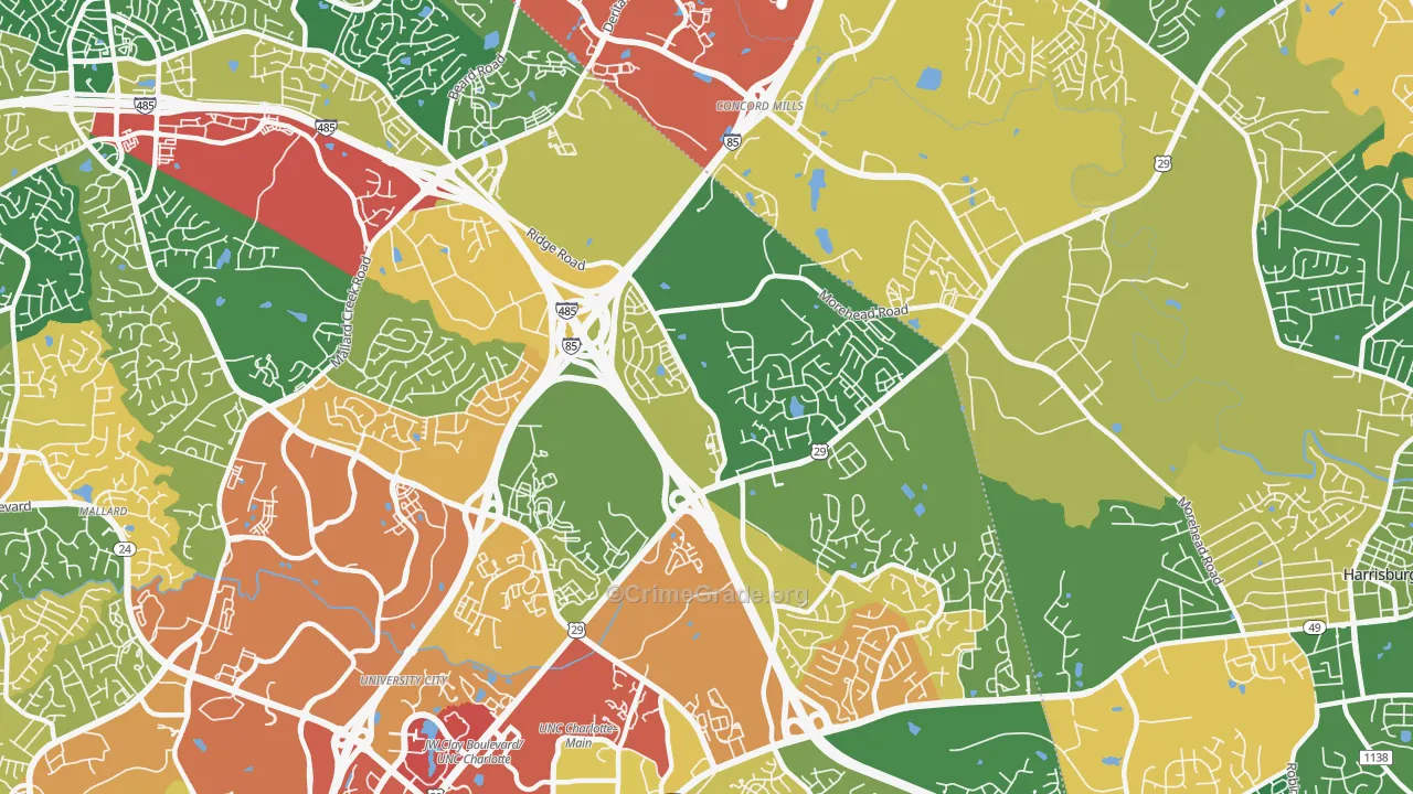 Mallard Creek-Withrow Downs, Charlotte, NC Map of Robbery Rates