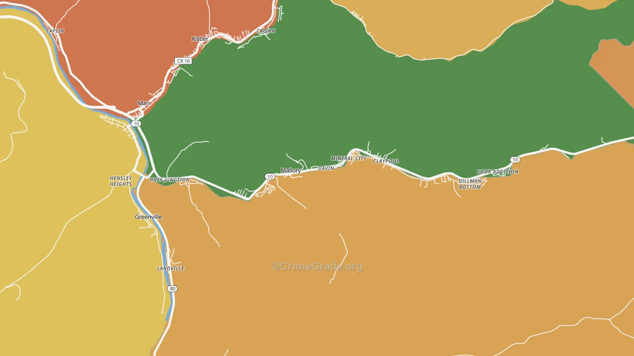 Mallory, WV Map of Robbery Rates