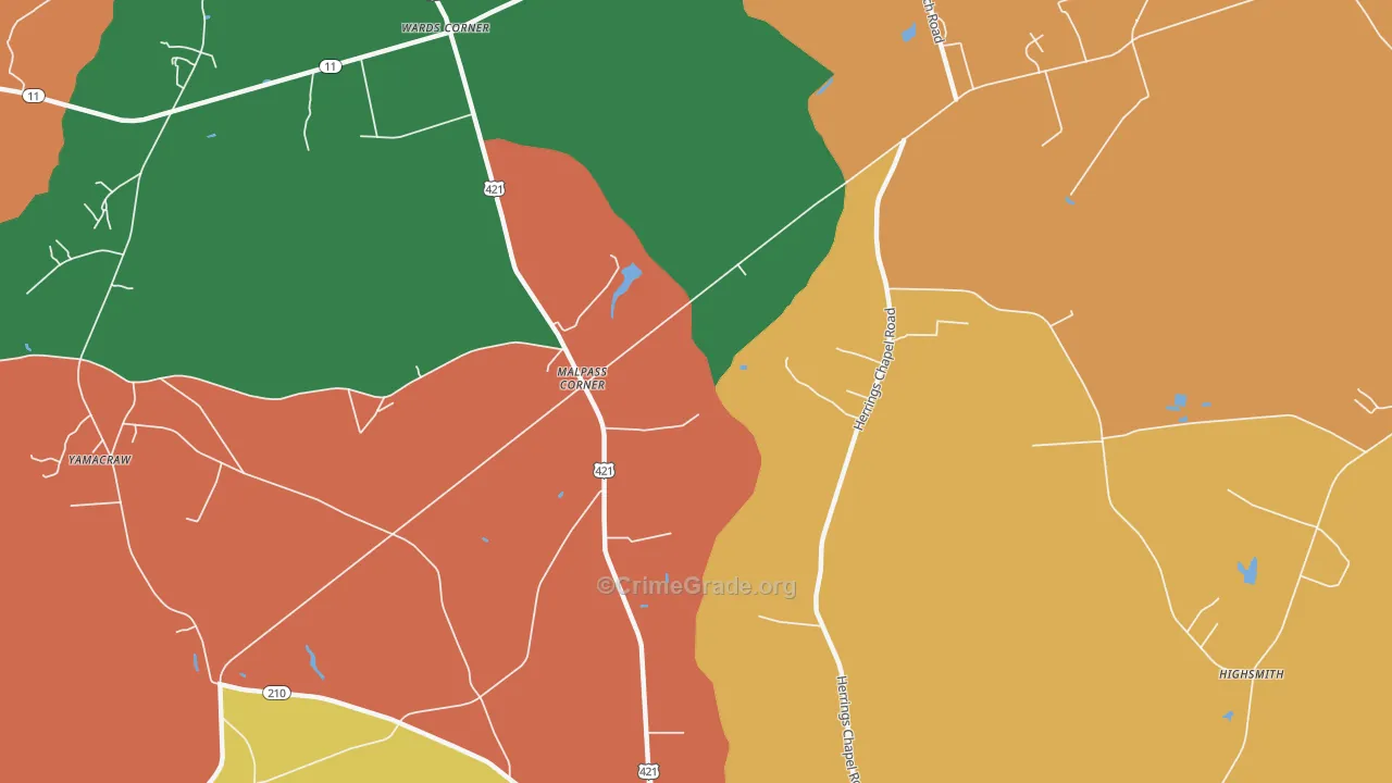 Malpass Corner, NC Map of Robbery Rates
