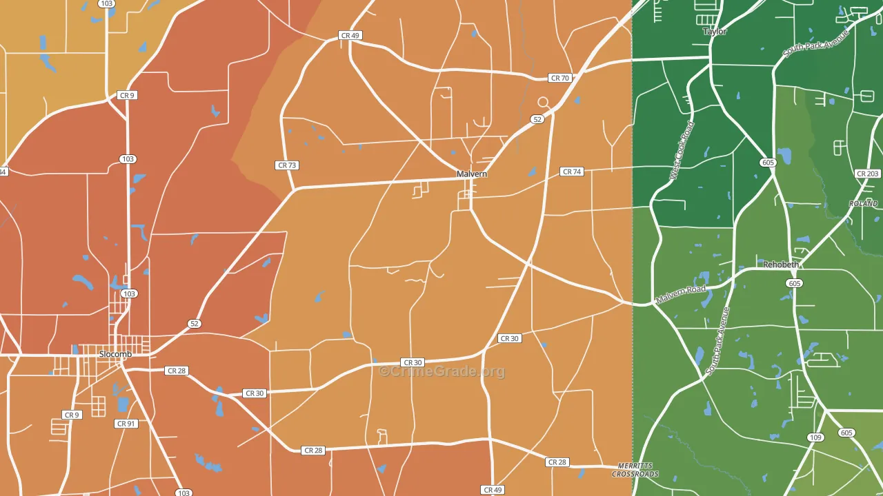 Malvern, AL Map of Robbery Rates