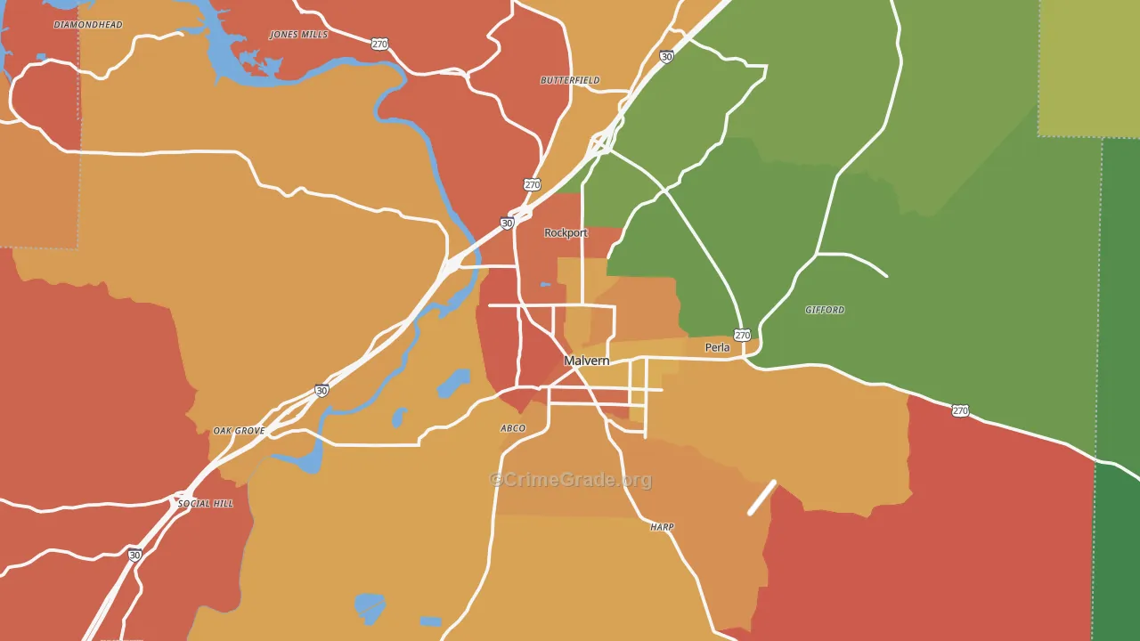 Malvern, AR Map of Robbery Rates