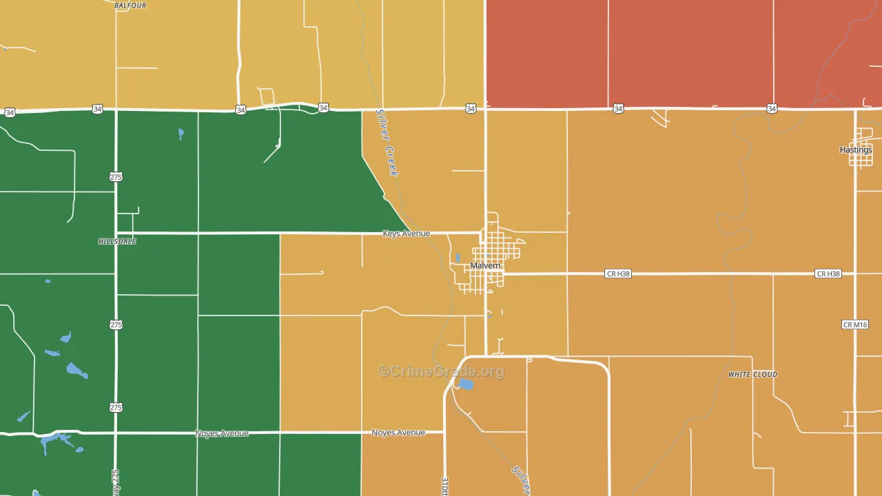 Malvern, IA Map of Robbery Rates