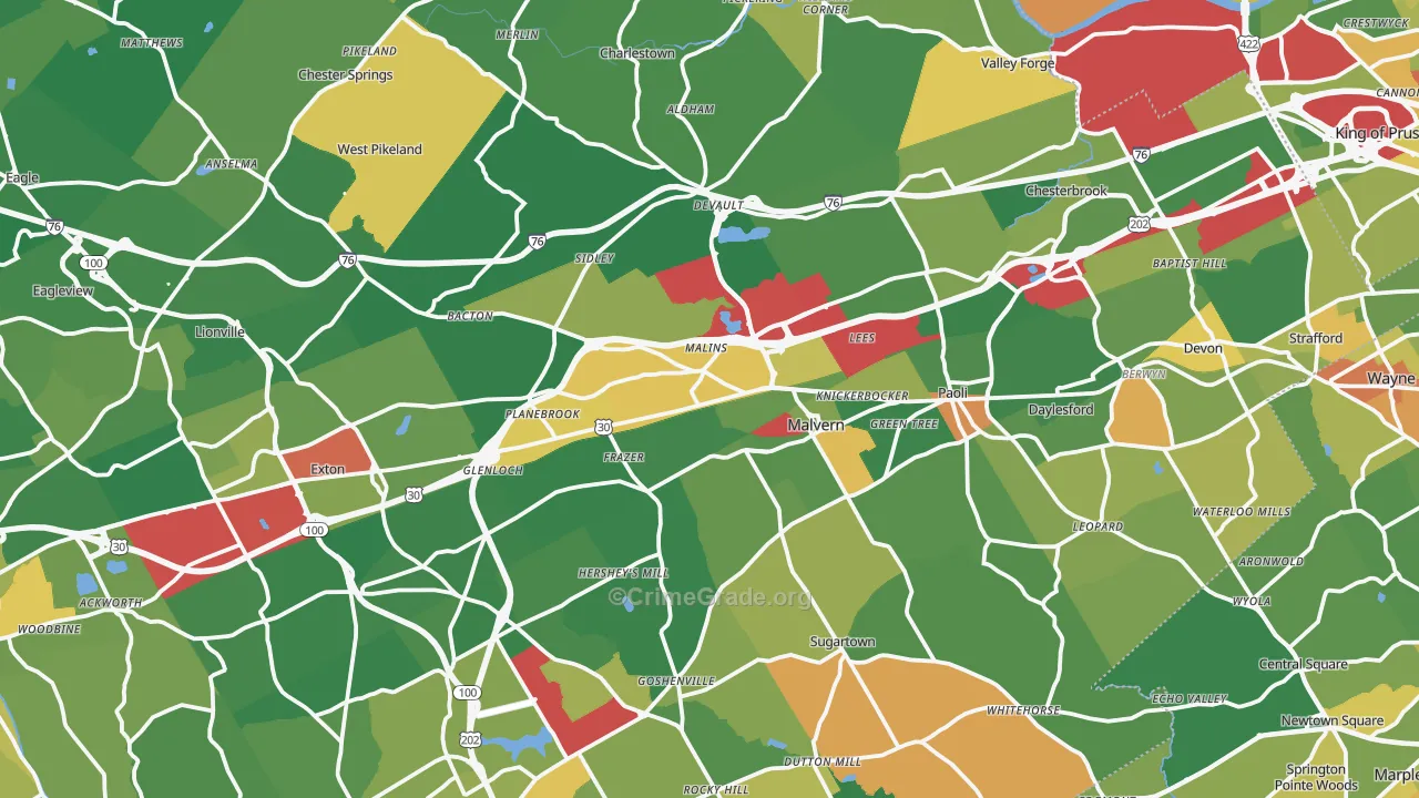Malvern, PA Map of Robbery Rates