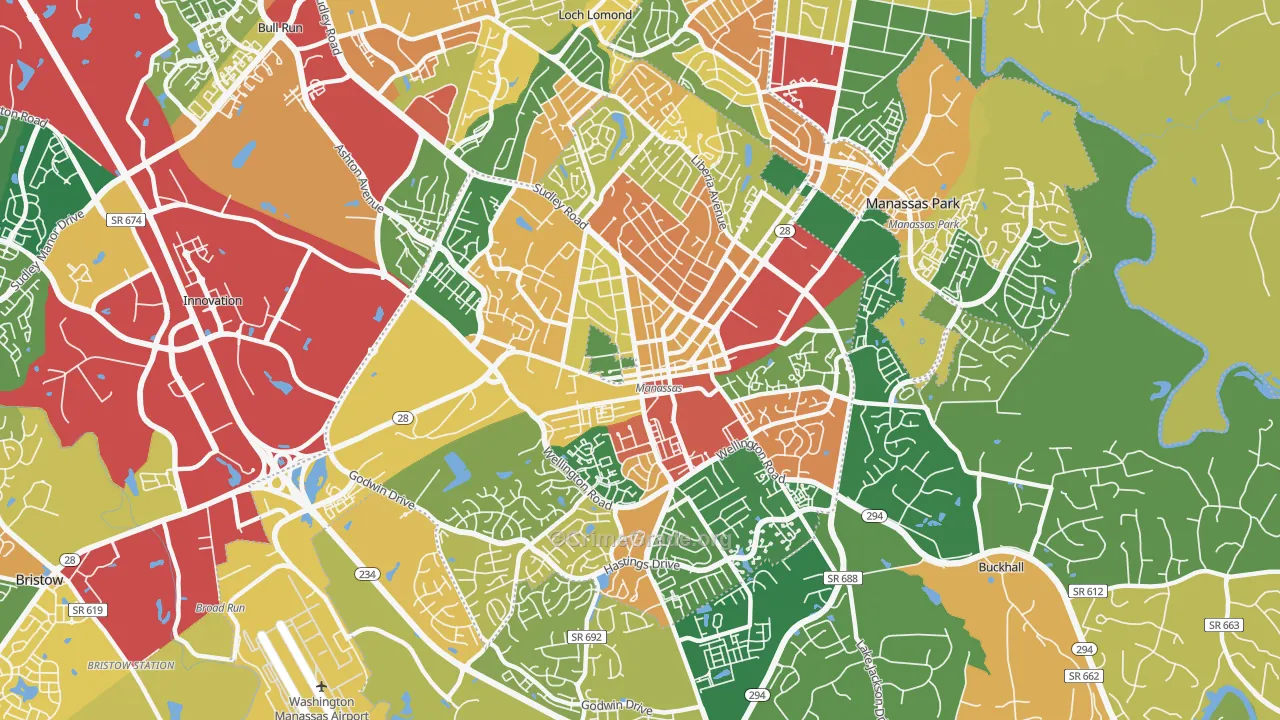 Manassas City, VA Map of Robbery Rates