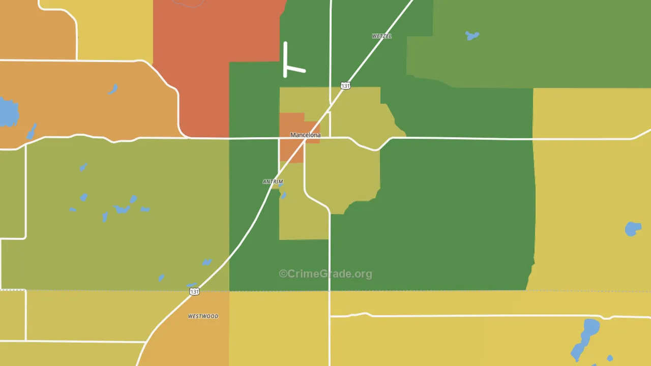 Mancelona, MI Map of Robbery Rates