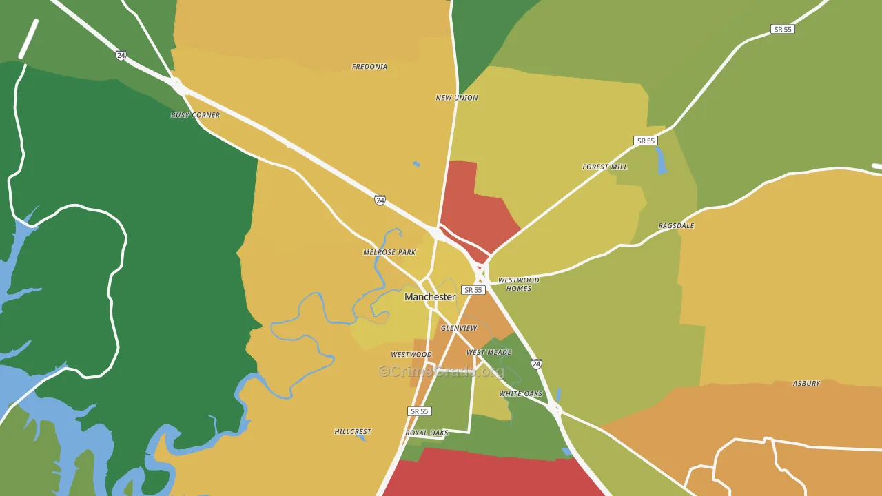 Manchester, TN Map of Robbery Rates
