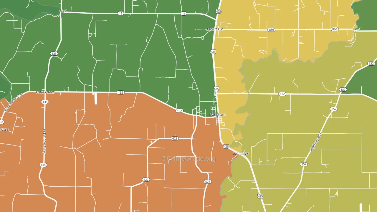 Mangham, LA Map of Robbery Rates