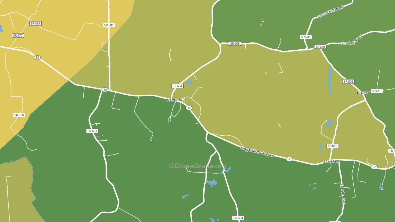 Mangohick, VA Map of Robbery Rates