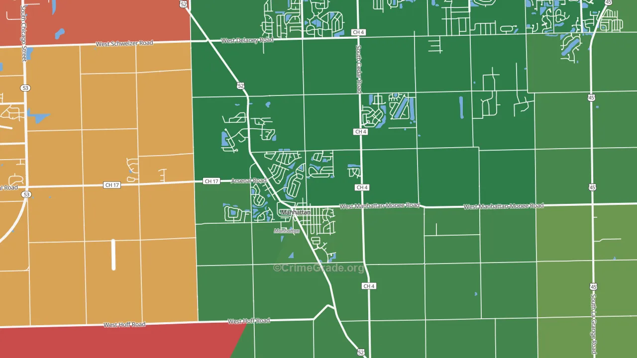 Manhattan, IL Map of Robbery Rates