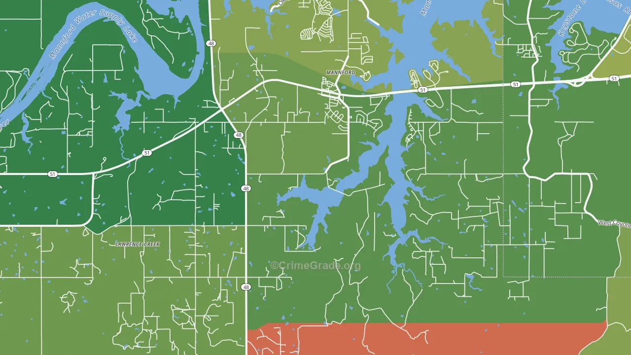 Mannford, OK Map of Robbery Rates