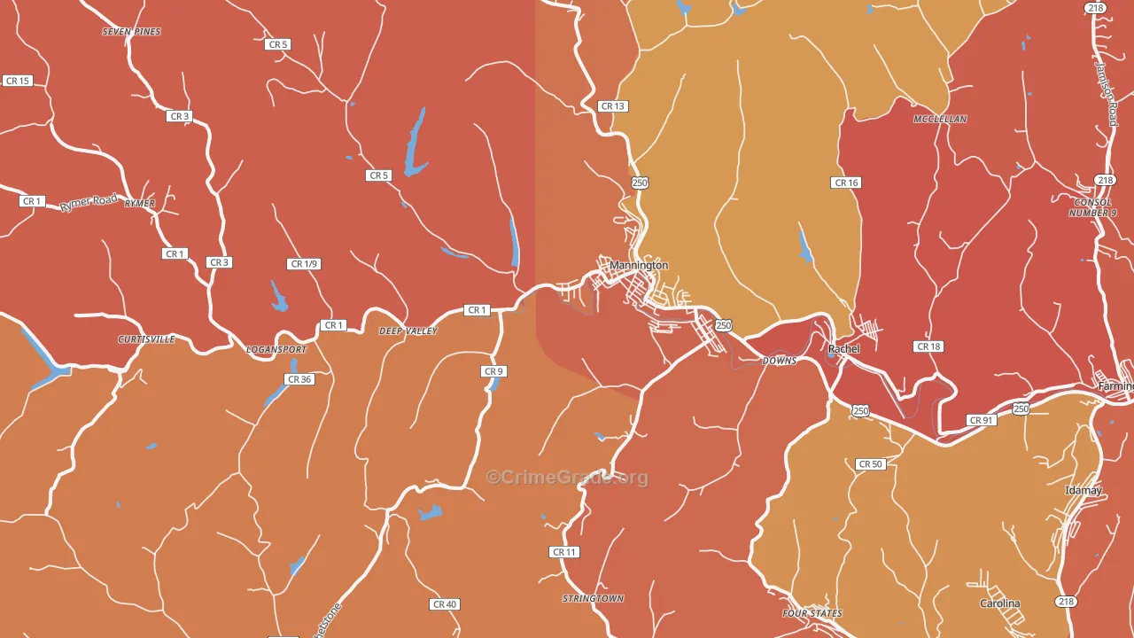 Mannington, WV Map of Robbery Rates