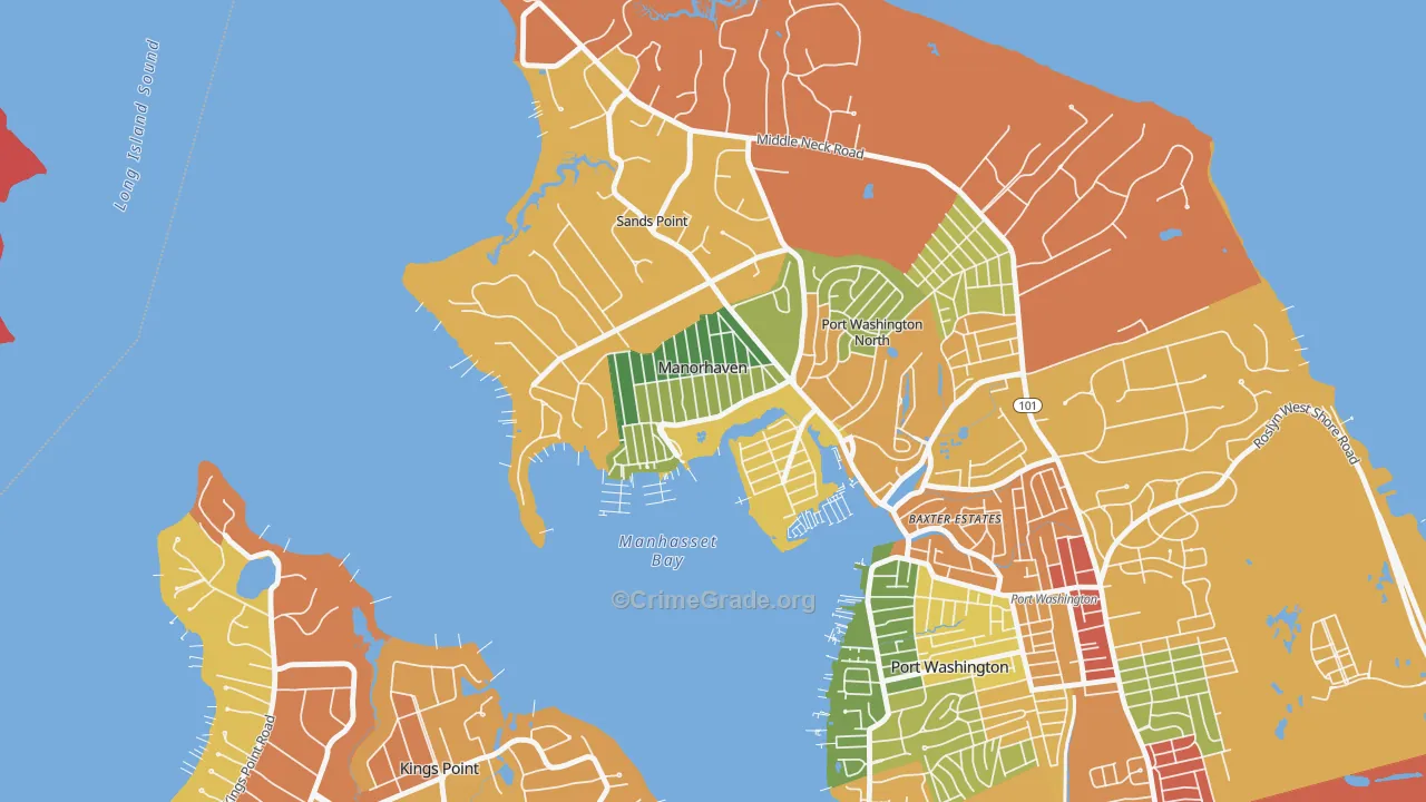 Manorhaven, NY Map of Robbery Rates