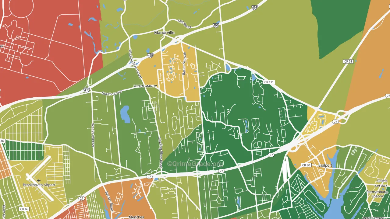 Manorville, NY Map of Robbery Rates