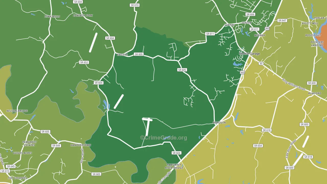 Manquin, VA Map of Robbery Rates
