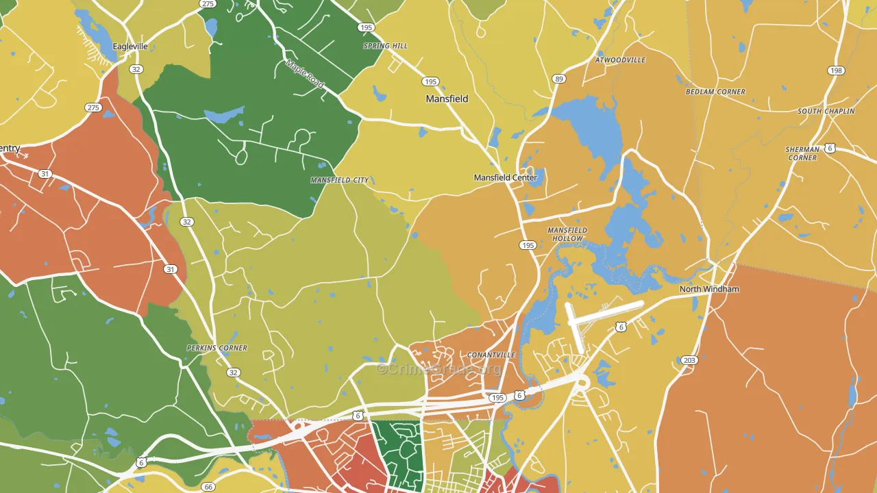 Mansfield Center, CT Map of Robbery Rates