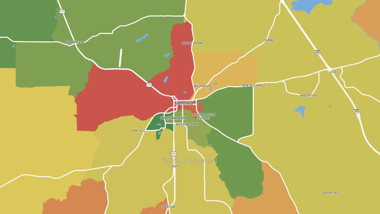 Mansfield, LA Map of Robbery Rates