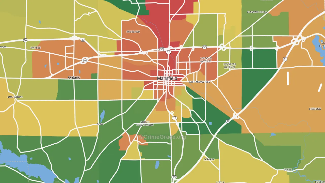 Mansfield, OH Map of Robbery Rates
