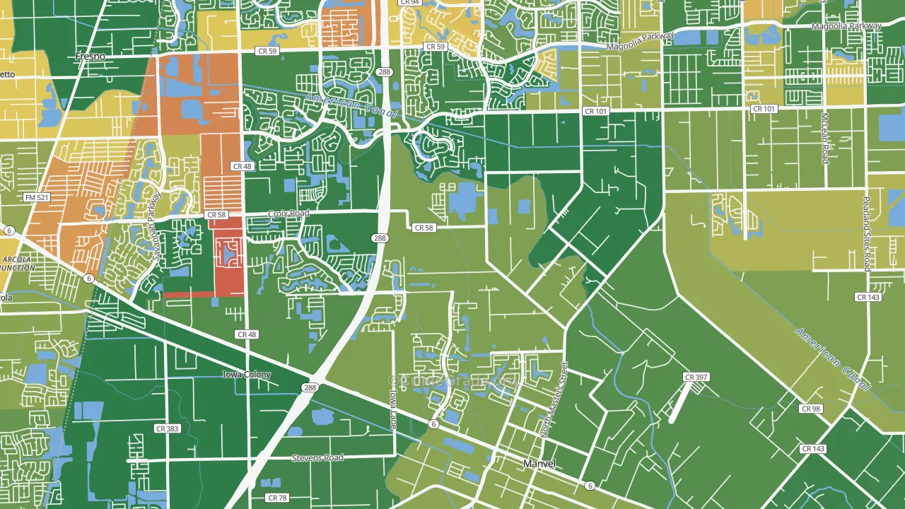Manvel, TX Map of Robbery Rates